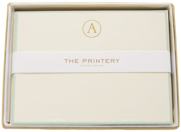The Printery - Note Card Box Set, A-Initial Letter Note Cards with Aqua Border in a gift box.
