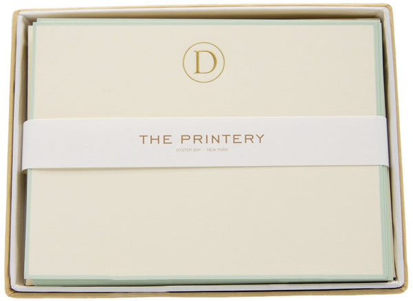 A Printery - Note Card Box Set, D-Initial Letter with Aqua Border box, featuring an initial sketch of the letter "d" on an ecru note card.