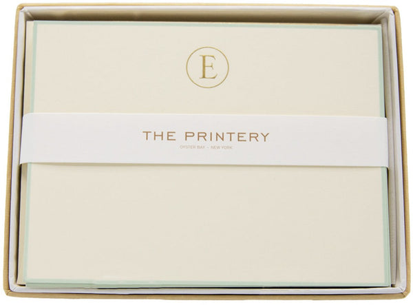 The Printery - Note Card Box Set, E-Initial Letter with Aqua Border in a white box.