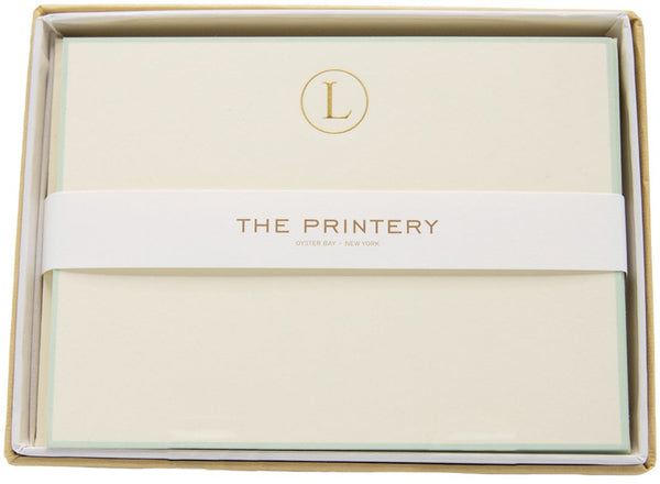 The Printery Note Card Box Set, L-Initial Letter with Aqua Border in a gift box, featuring elegant note cards with Ecru coloring and personalized initial designs.
