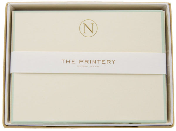 The Printery - Note Card Box Set, N-Initial Letter with Aqua Border in a gift box.