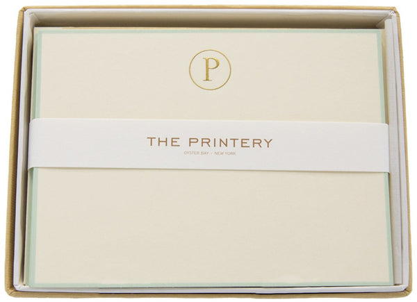 The Printery - Note Card Box Set, P-Initial Letter with Aqua Border in a box featuring ecru initial note cards.