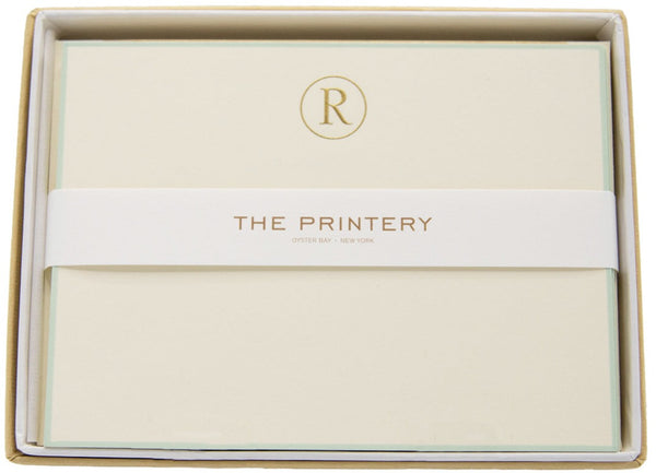 The primary Printery - Note Card Box Set, R-Initial Letter with Aqua Border in a white box with engraved initials.