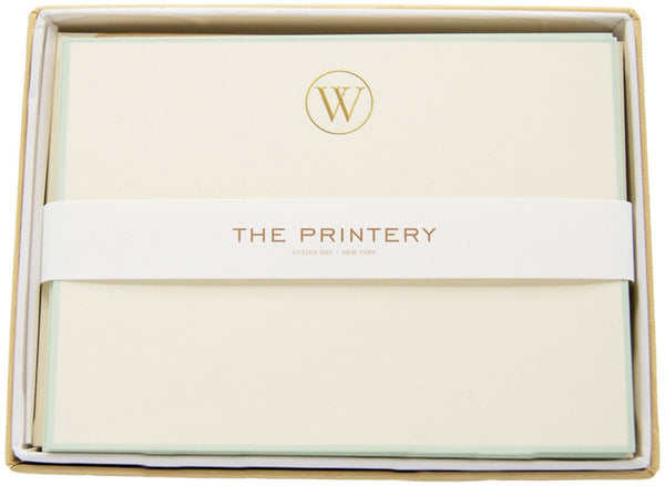 The Printery - Note Card Box Set, W-Initial Letter with Aqua Border in a gift box.