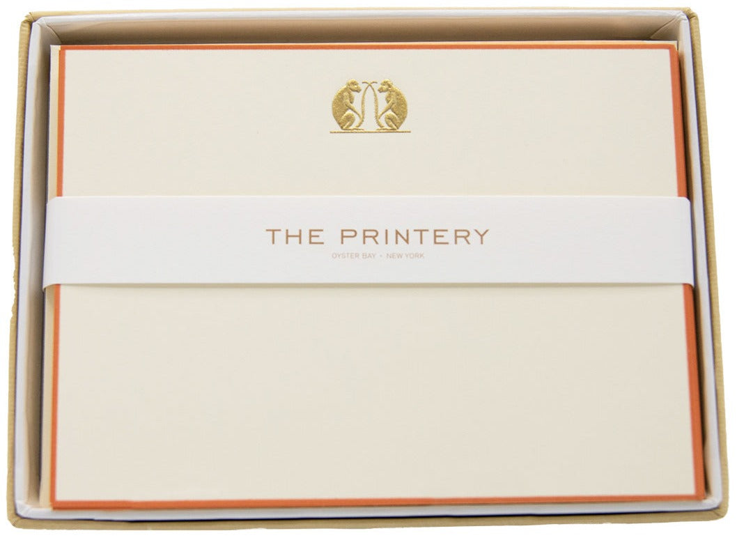 Monkey Card Set by Printery: ecru horizontal cards with terra cotta borders, gold double monkeys emblem at the top center, and Printery branding.