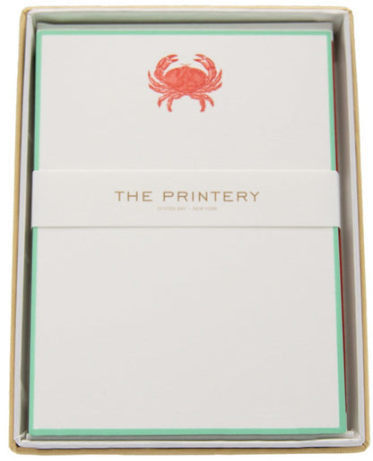 The Crab Card Set by Printery features bright white cards with a red crab illustration at the top, seafoam green borders, and "PRINTERY" printed on a band around the set.