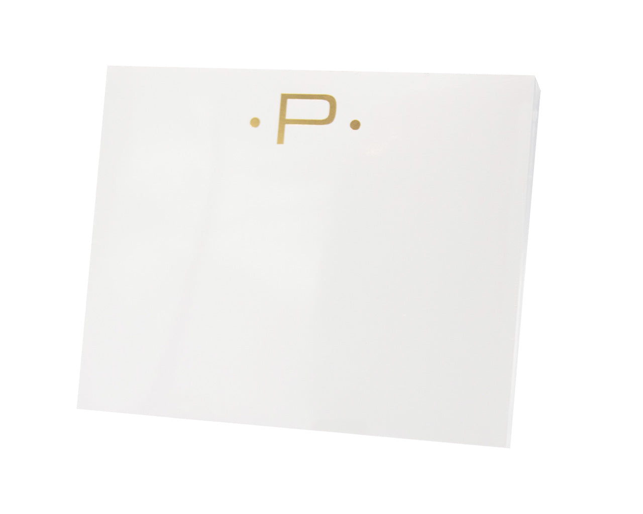 The Gold Initial Large Notepad by Black Ink features a square, white design with a gold "P" and two gold dots near the top, crafted from velvety smooth, superior quality paper.