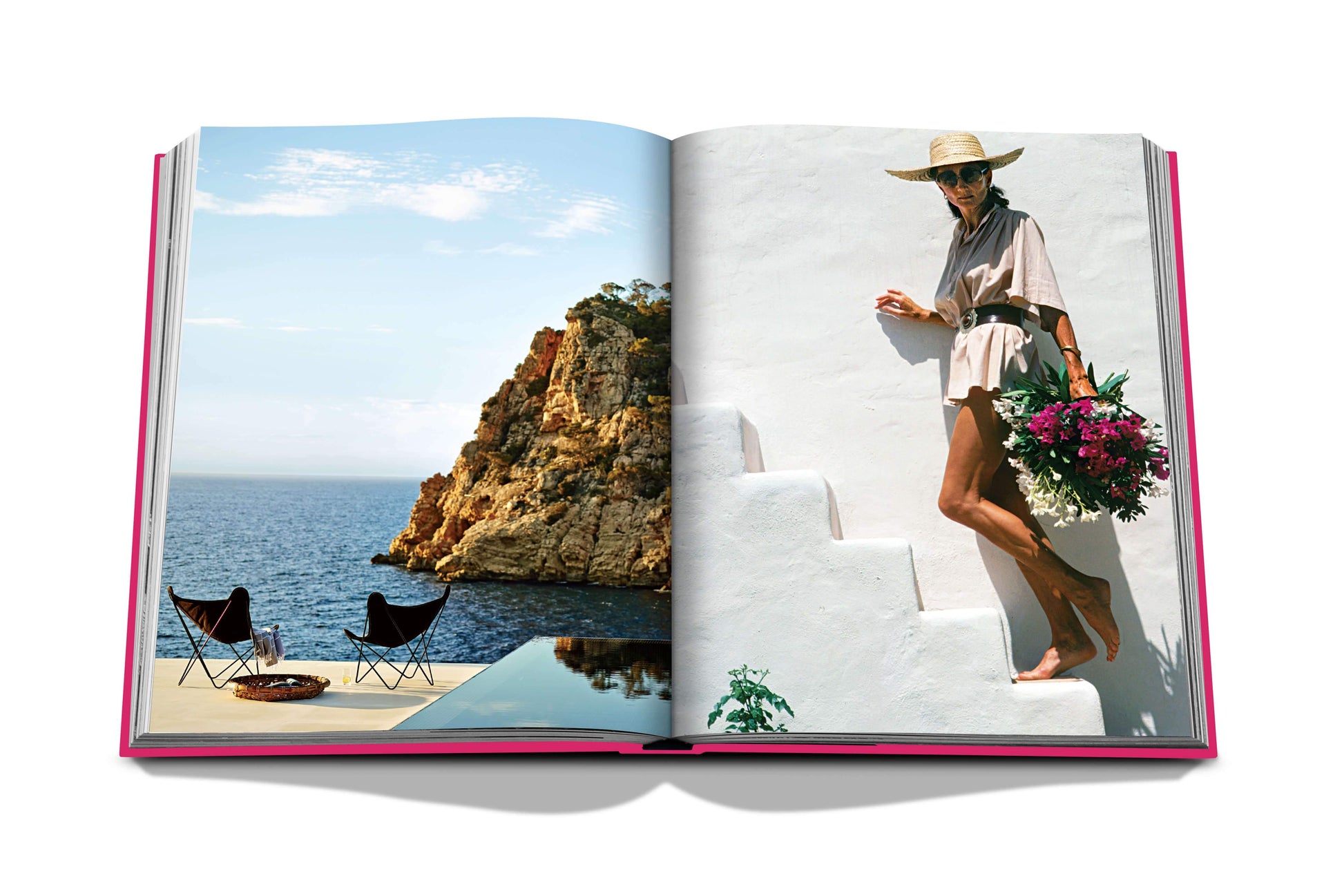 Open Ibiza Bohemia book featuring a photograph of a woman in a wide-brimmed hat and beige outfit, holding flowers on white steps overlooking a Mediterranean hot spot by Assouline.