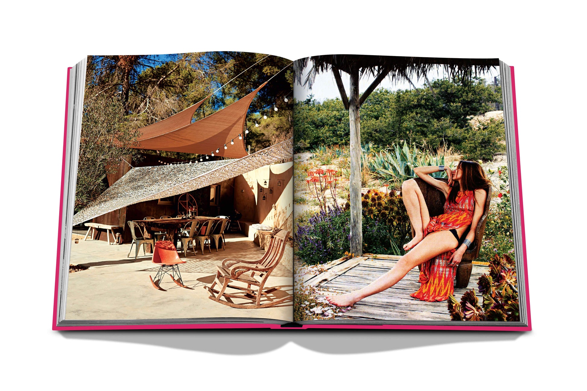 Open book showcasing two vibrant outdoor scenes; the left page depicts a rustic dining area under a canopy in Ibiza Bohemia by Assouline, and the right page shows a woman relaxing by a wooden railing.