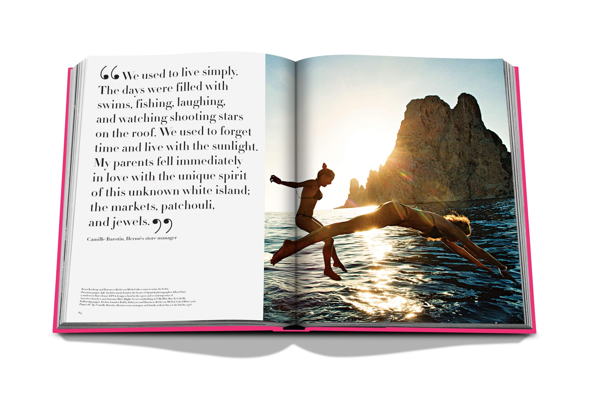 Open Ibiza Bohemia book displaying a page with a quote about simple living on the left and a photo of a person diving into the sea near Balearic cliffs on the right, by Assouline.