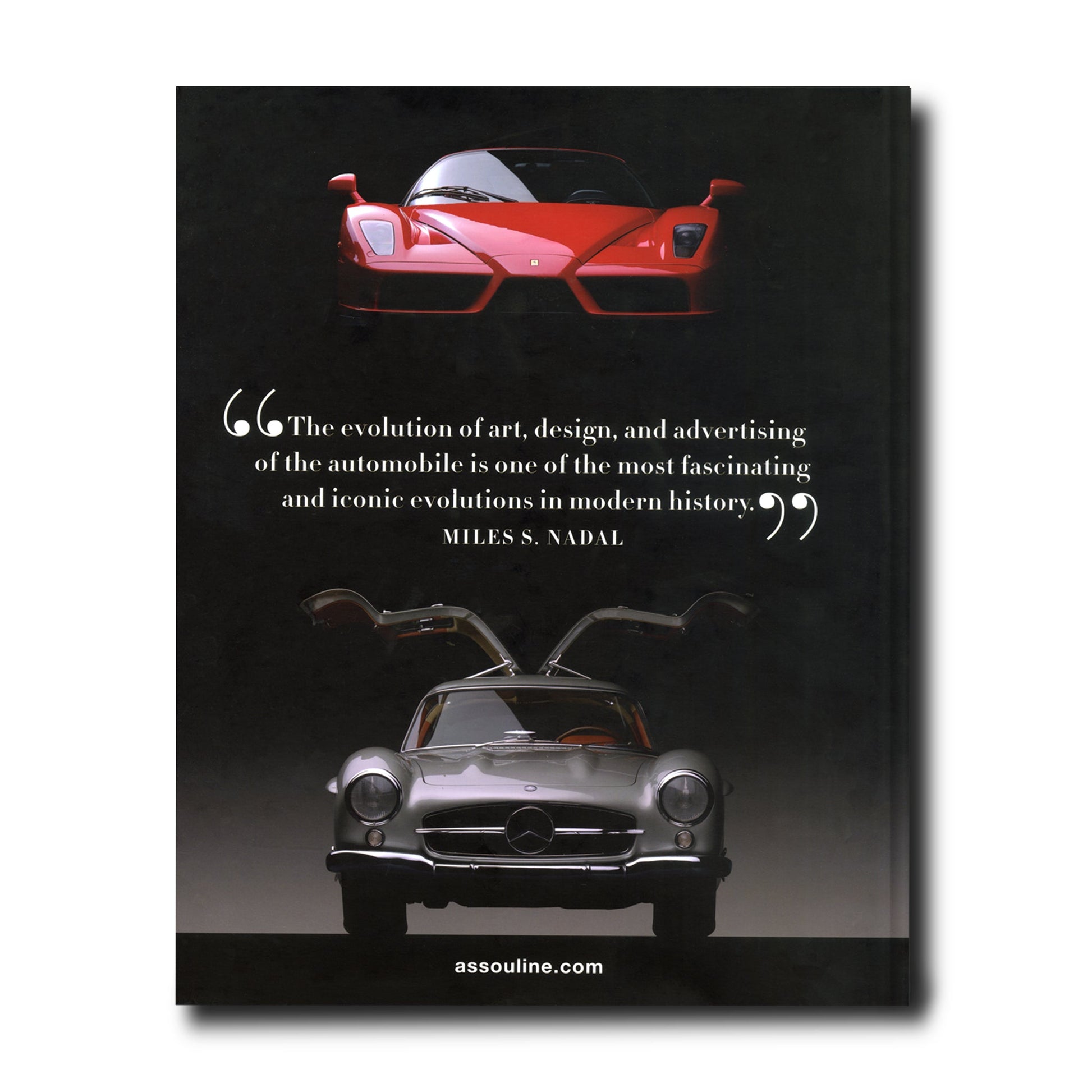 Cover of a book showing a red sports car and a silver classic car with gull-wing doors. A quote by Miles S. Nadal about the evolution of supercars is prominently displayed in the center. This is "Iconic: Art, Design, Advertising, and the Automobile" by Assouline.