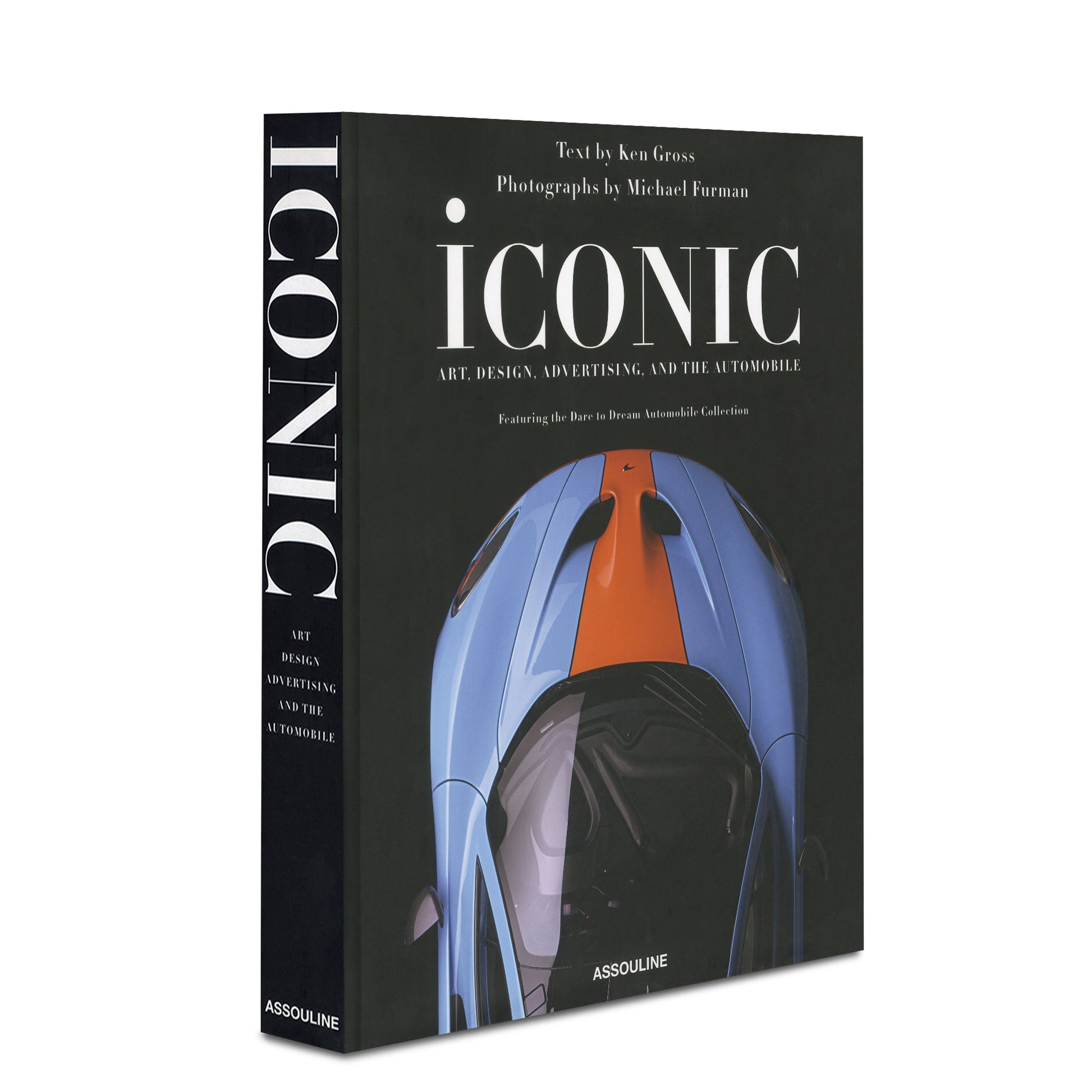 The cover of the Assouline "Iconic: Art, Design, Advertising, and the Automobile," featuring a photo of a blue and orange car hood. Texts by Ken Gross and photographs by Michael Furman celebrate the intersection of supercars and iconic advertising. Published by Assouline.