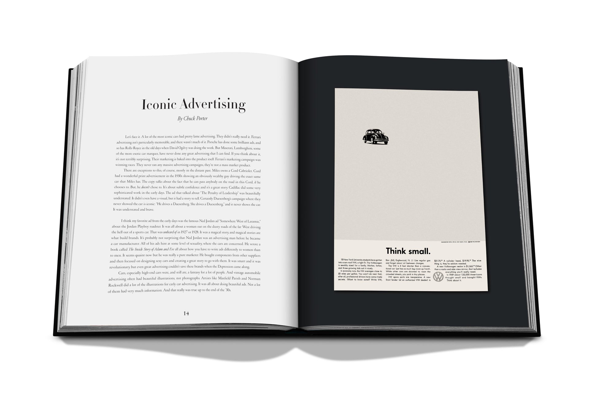 Open book showing an article titled "Iconic: Art, Design, Advertising, and the Automobile" on the left page and a classic Volkswagen "Think small." advertisement featuring automotive celebrities on the right page.