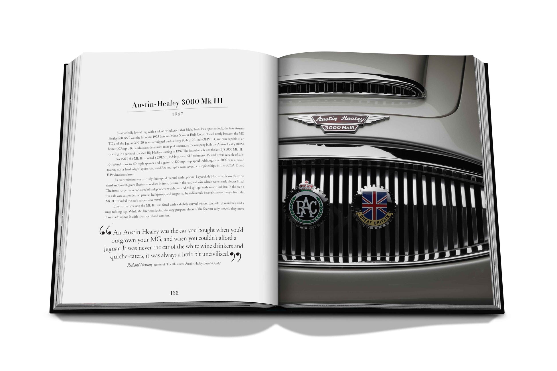 Open book showcasing a photo of an Austin-Healey 3000 MK III grill and badges on the right page and text about the car on the left page, highlighting its status among automotive celebrities in "Iconic: Art, Design, Advertising, and the Automobile" by Assouline.