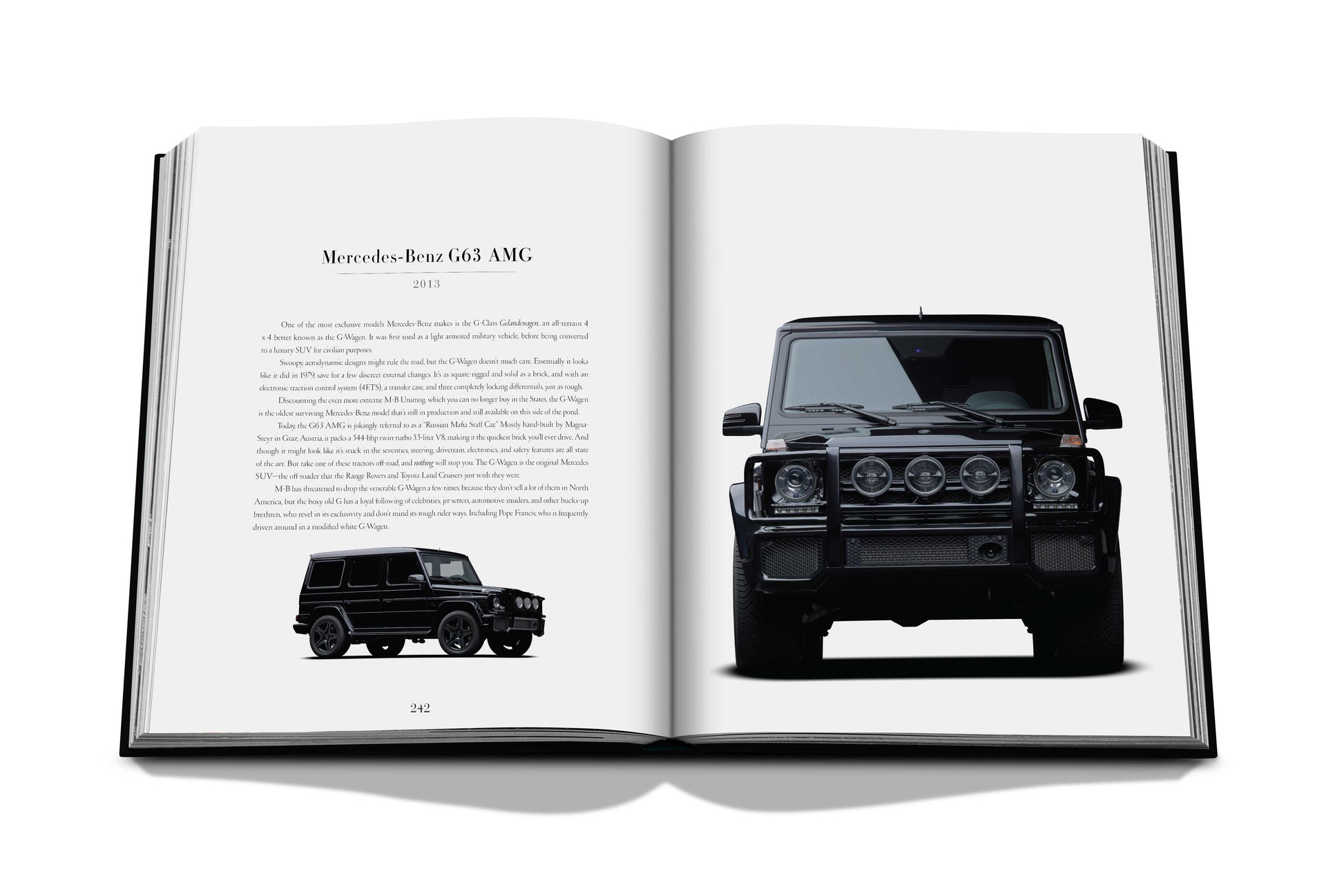 An open book displaying "Iconic: Art, Design, Advertising, and the Automobile" by Assouline. The left page contains a description and a side-view image of the vehicle, while the right page features a front-view image, highlighting this supercar among automotive celebrities.