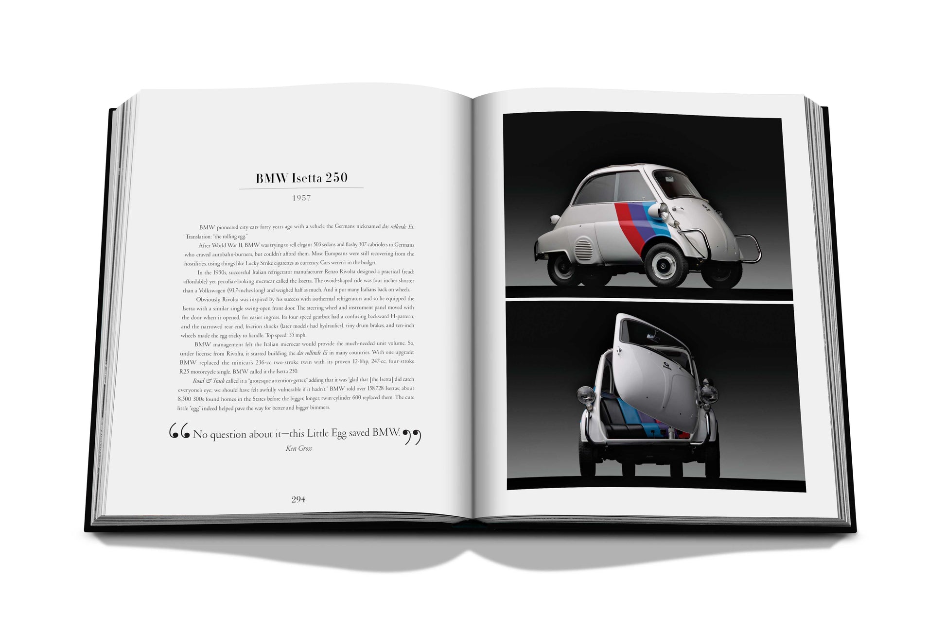 An open book displaying images and text about the BMW Isetta 250, featuring front and side views of a white car with blue and red stripes. The book, "Iconic: Art, Design, Advertising, and the Automobile" by Assouline, reminiscent of iconic automotive advertising, is placed on a white surface.