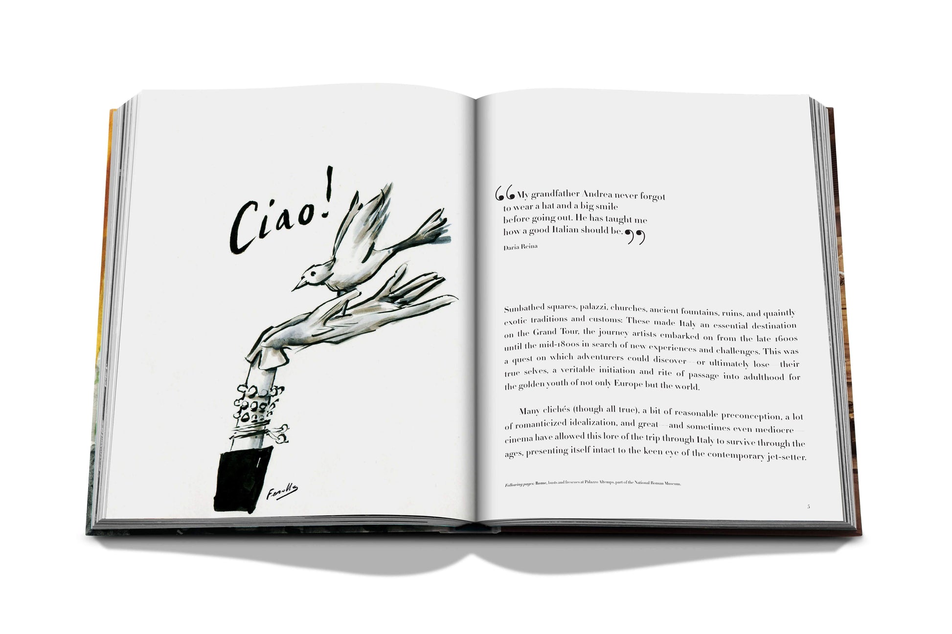 An open book displaying an illustration of hands with birds, and text on the right page that starts with "Ciao!" and includes a quotation and paragraph, captures the timeless Italian style akin to discovering hidden side streets. The product is called Italian Chic by Assouline.