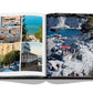 Open book displaying photos of coastal scenes, including boats docked, outdoor dining, scenic water views, and people at a rocky beach. The timeless Italian style is evident in the picturesque imagery of hidden side streets gracing every page of *Italian Chic* by Assouline.