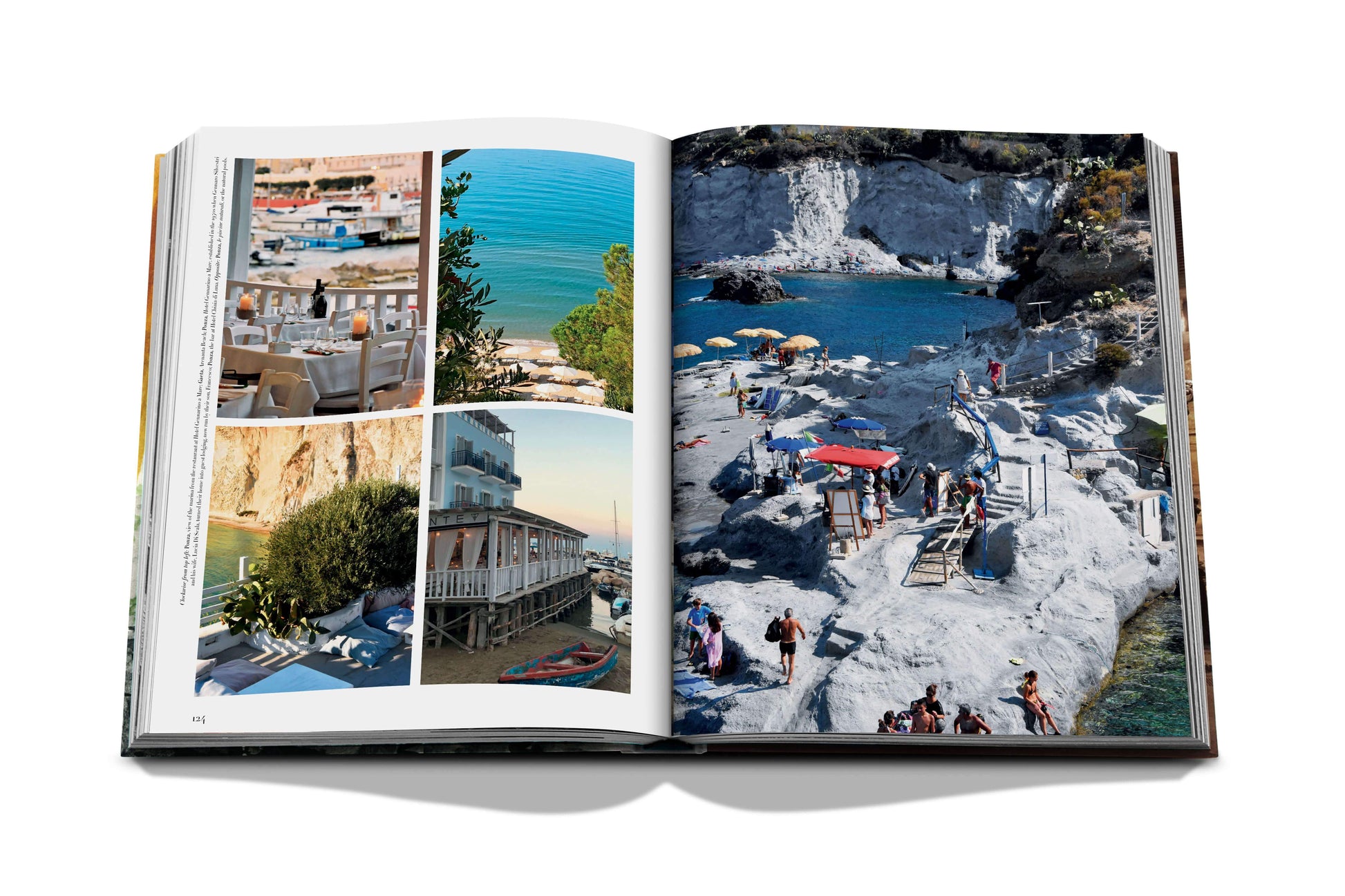 Open book displaying photos of coastal scenes, including boats docked, outdoor dining, scenic water views, and people at a rocky beach. The timeless Italian style is evident in the picturesque imagery of hidden side streets gracing every page of *Italian Chic* by Assouline.