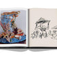 Open book displaying a photograph of a detailed, colorful sculpture on the left page and a black-and-white sketch of several people wearing hats on the right page, evoking timeless Italian style, from "Italian Chic" by Assouline.