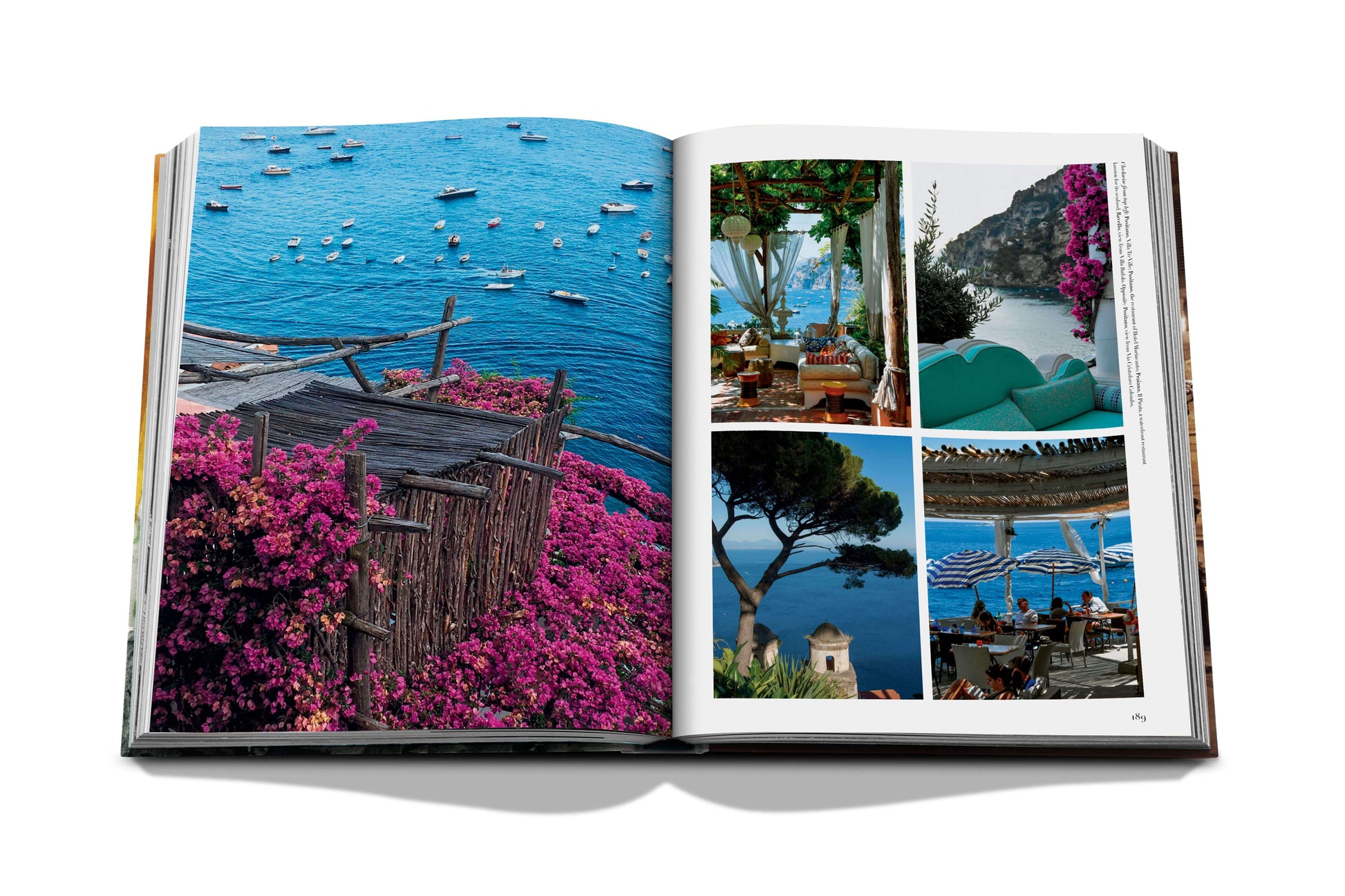An open book displaying photographs of a coastal town, showcasing the hidden side streets and vibrant pink flowers, blue waters dotted with boats, outdoor dining scenes evoking timeless Italian style, and scenic landscapes. This exquisite visual journey is captured in "Italian Chic" by Assouline.