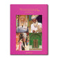 A pink Jaipur Splendor by Assouline featuring images of colorful architecture from Jaipur, a man in traditional attire holding an ornate object, a woman in a pink dress and hat, and the richly decorated green door of Hawa Mahal in the Pink City.