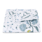 Folded blue and white floral print Matouk Schumacher Bedding Collection, Khilana fabric from the Matouk collection on a green background.