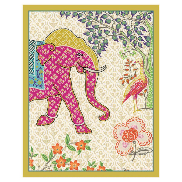 A Caspari - Le Jardin De Mysore Bridge Tallies pack featuring an elephant and a flamingo, set against a vibrant pink background.