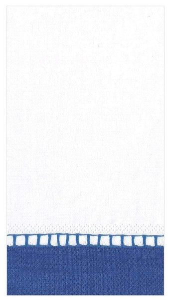 A Caspari Linen Border Marine Blue guest towel, perfect for any guest, with white trim.