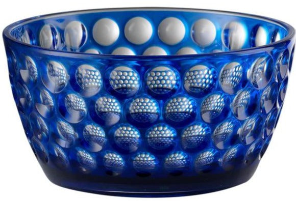 A Lente Acrylic Cereal Bowl, Blue Mario Luca Giusti, with dots on it.
