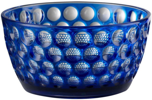 A Lente Acrylic Salad Bowl, Blue glass bowl with dots on it. (Brand name: Mario Luca Giusti)