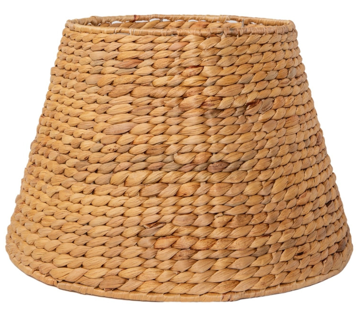 The Maison Maison Empire Water Hyacinth Shade, 10.5″ H, features a handwoven wide base and narrower top in natural light brown with a visible braided texture.