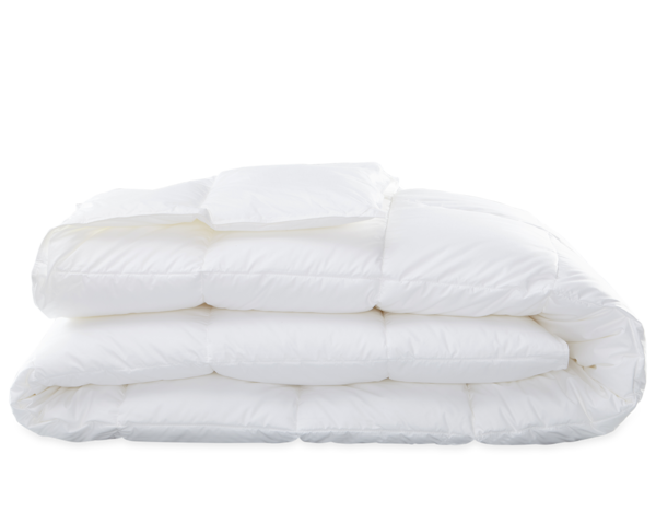 The Matouk Libero Hypoallergenic Comforter Summer Weight, in white with down-free fill, is neatly folded and stacked on a plain background.