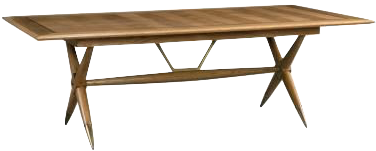 The Dunand Dining Table by Sherrill/Mr & Mrs Howard is a wooden piece with a large rectangular top and distinctive angular legs, measuring 92 x 45 x 30 inches.