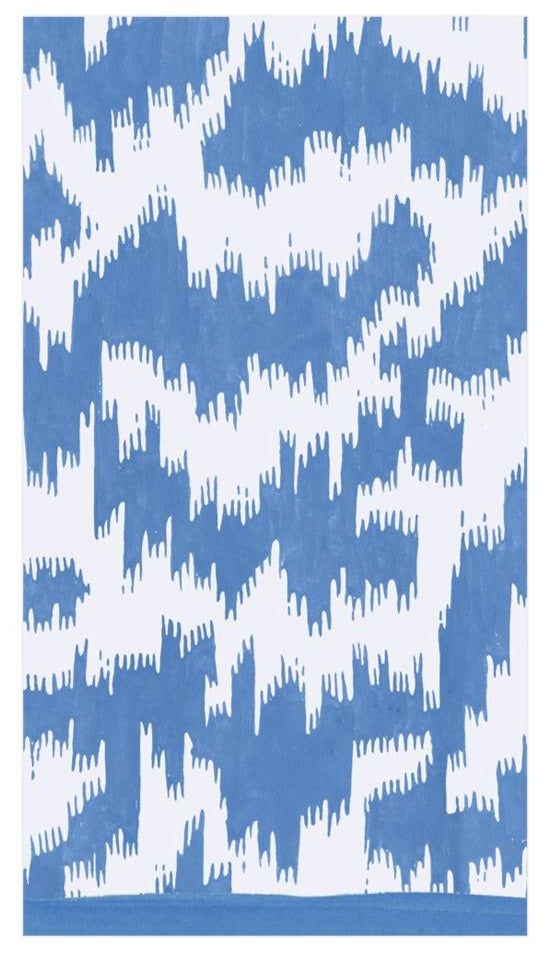 The Caspari Modern Moire Blue guest towels feature an abstract blue and white zigzag pattern with solid blue top and bottom borders. Each 4.25" x 7.75" pack includes 15 napkins, perfect for adding a modern touch to your table setting.