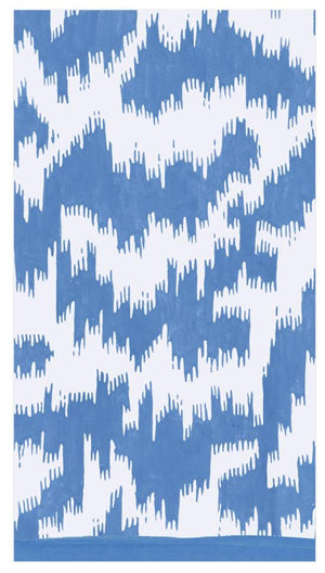 The Caspari Modern Moire Blue guest towels feature an abstract blue and white zigzag pattern with solid blue top and bottom borders. Each 4.25" x 7.75" pack includes 15 napkins, perfect for adding a modern touch to your table setting.