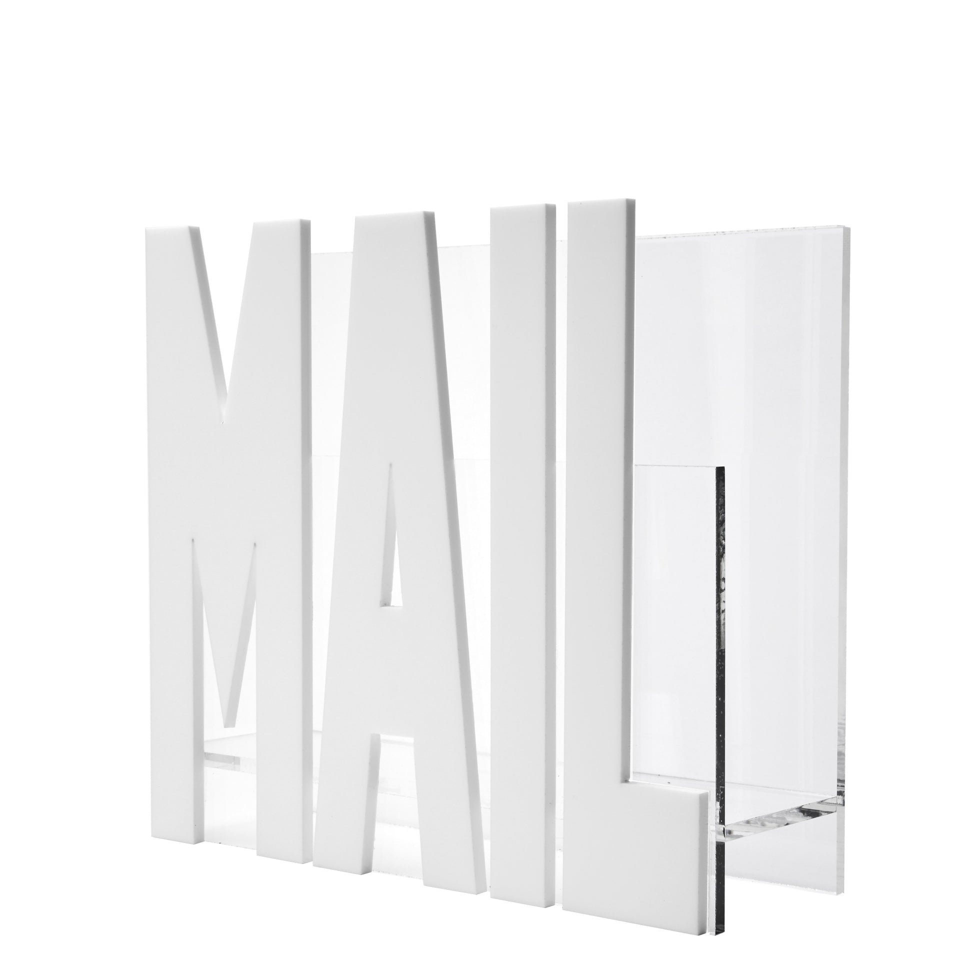 The Tara Wilson Designs Acrylic Mail Holder features clear acrylic with bold white "MAIL" lettering on the front, adding a stylish and organized touch to your desk or workspace.