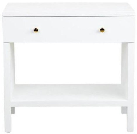 A Maris Double Nightstand in Designer White Faux Belgian Linen console table, featuring Maris detailing and crafted with white faux Belgian linen, and two drawers. Brand name: Made Goods.
