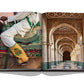 An open book featuring Marrakech Flair by Assouline, showcasing a printed image that seamlessly transitions from an illustration of a traditionally dressed rider on a horse, showcasing Moroccan arts, to a photograph of an ornate arched corridor in Yves Saint.