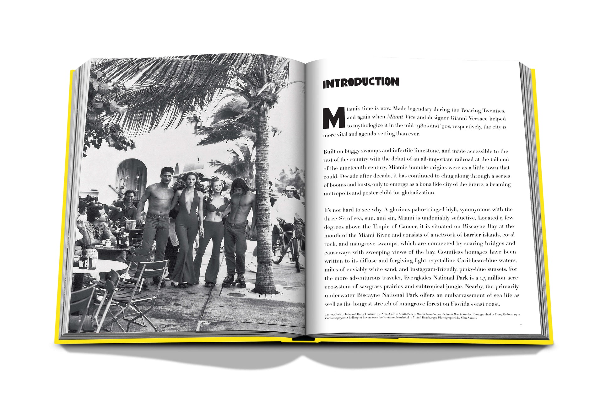 An open book with a photo of a group of people enjoying Assouline's Miami Beach life.
