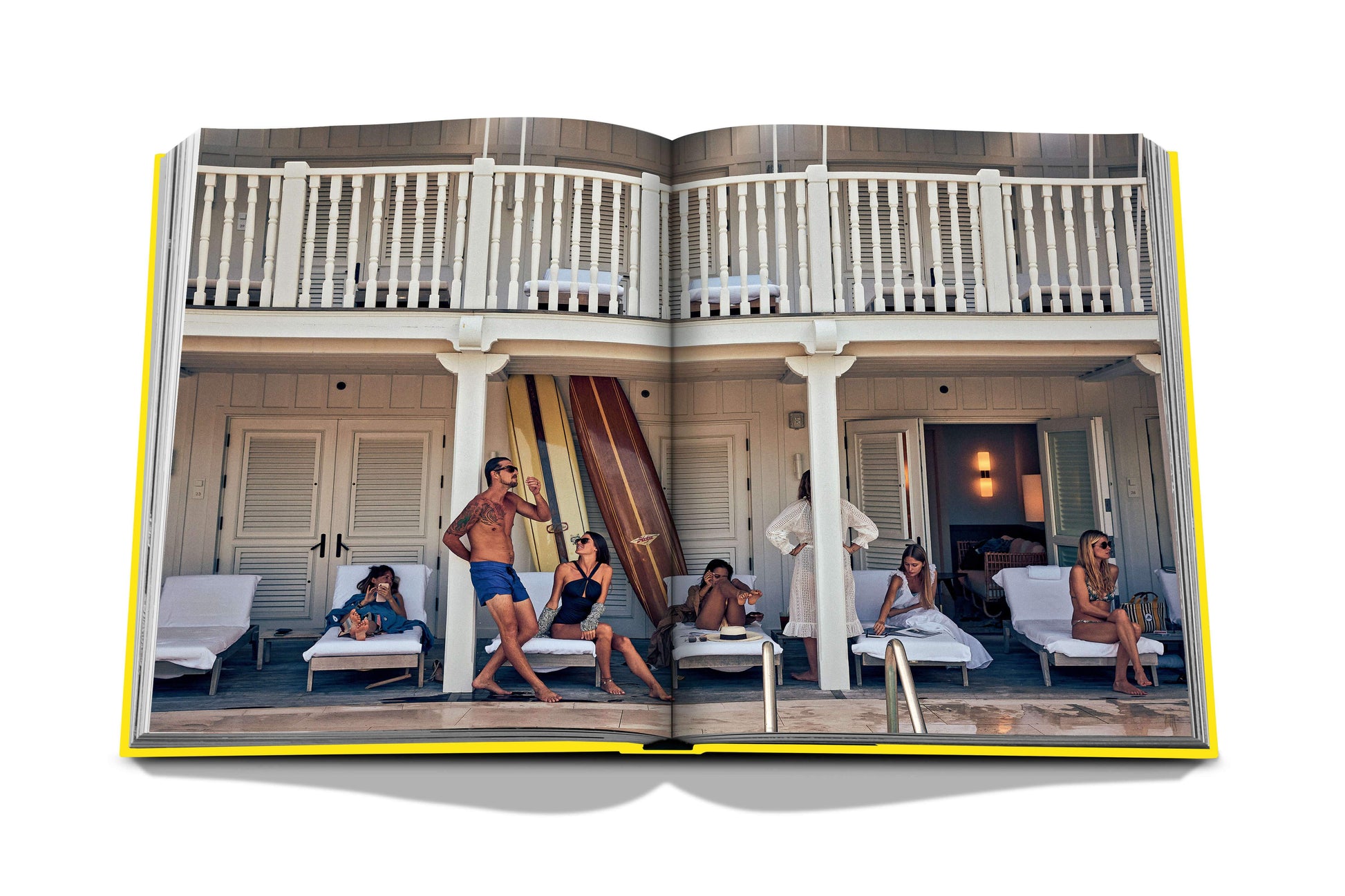 A Miami Beach book showcasing people lounging on beach chairs in Miami by Assouline.