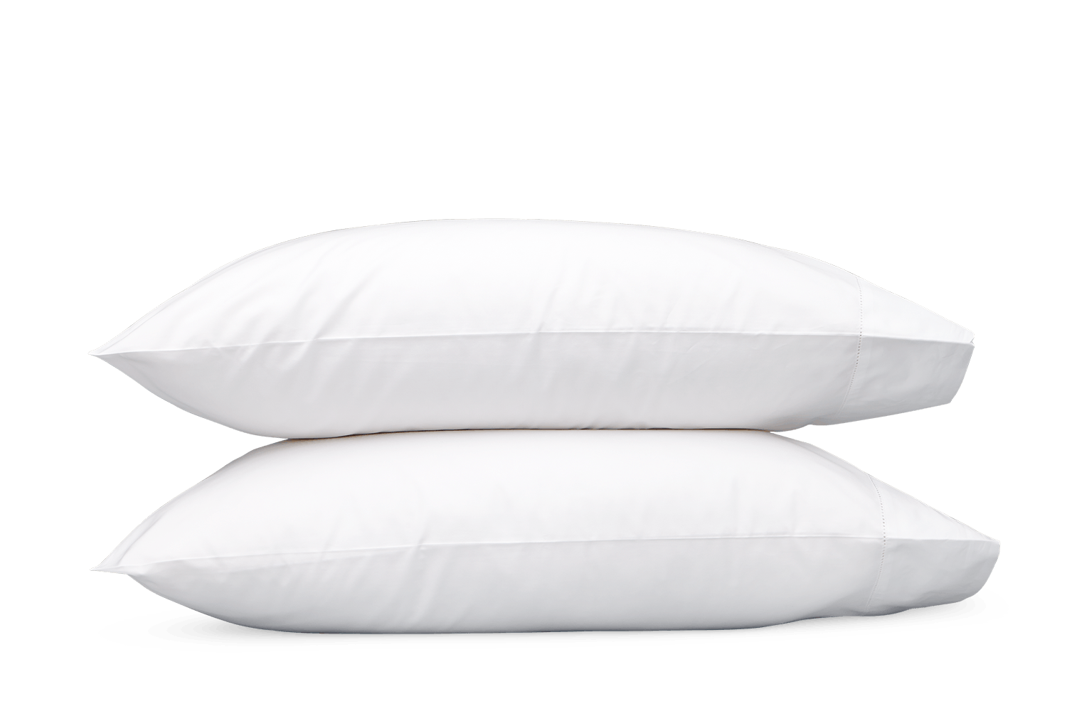 Two Matouk Milano Bedding Collection white pillows stacked on top of each other against a green background.