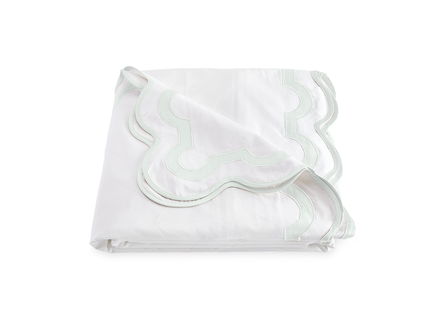 The Matouk Mirasol Bedding Collection in Opal features a folded white Egyptian cotton percale bedsheet with scalloped edges, a light green embroidered border, 600 thread count softness, and OEKO-TEX® certification.