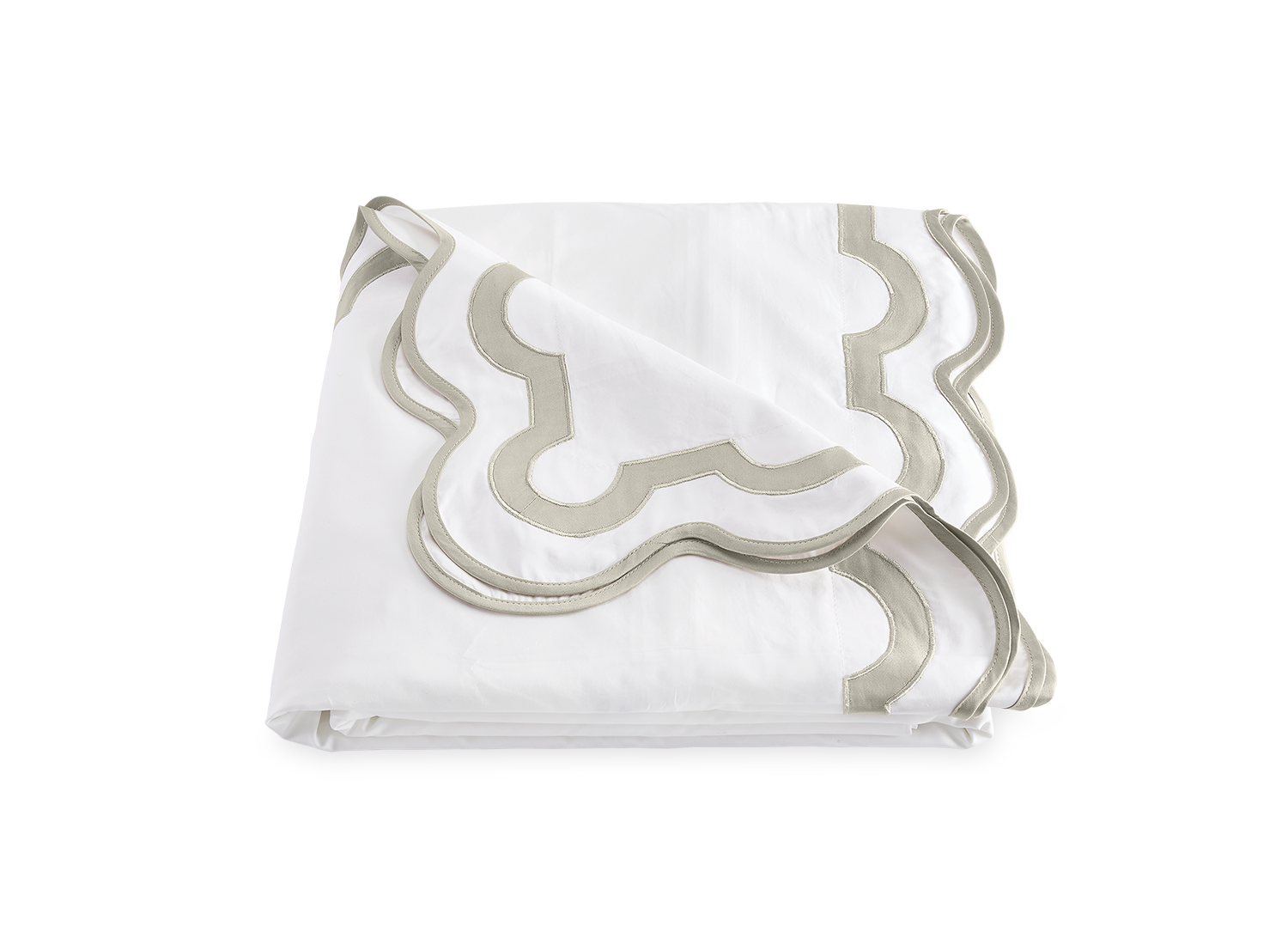 A folded white bed sheet from the Matouk Mirasol Bedding Collection in Silver, crafted from Egyptian cotton percale with a gray and white scalloped border design.