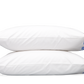 Two white pillows from the Matouk Mirasol Bedding Collection in Azure, featuring blue trim and crafted from luxurious 600 thread count Egyptian cotton percale, are stacked against a plain gray background.