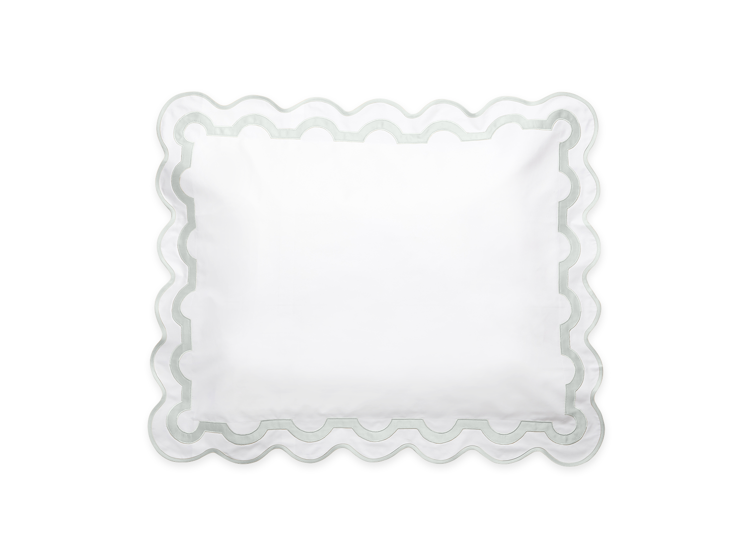 Matouk Mirasol Bedding Collection Opal square white decorative pillow with a black and gray wavy pattern border on an OEKO-TEX certified isolated background.