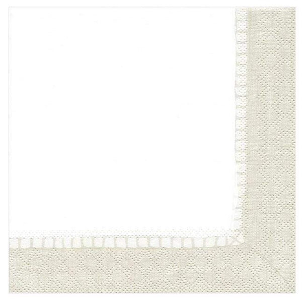A Caspari Linen Border Natural, Cocktail Napkin with a white border, available in cocktail napkins and 5" x 5" size.