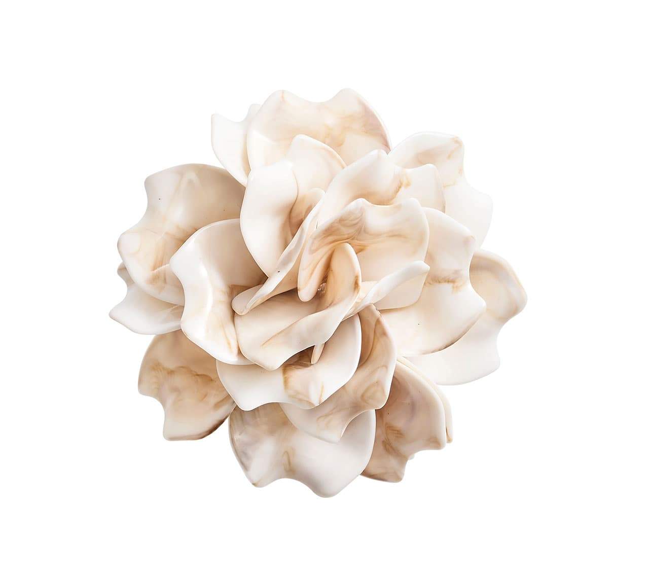 The Kim Seybert Dahlia Ivory Napkin Ring features cream and beige marbled acrylic petals in a ruffled floral design, viewed from above against a white background.