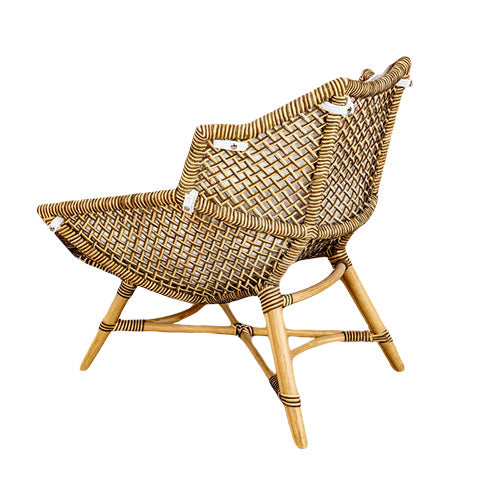 A Nozomu Lounge Chair by McGuire Furniture, hand-woven rattan lounge chair showcasing an artistic vision on a white background.