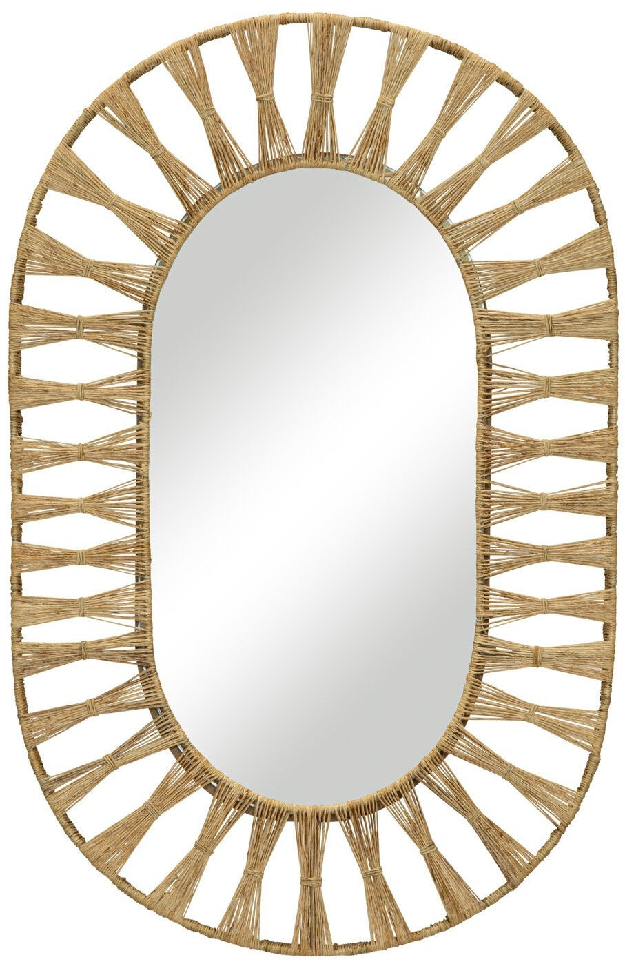 The Selamat Ojai Oval Mirror features a woven jute frame in a sunburst pattern, providing an organic vibe.